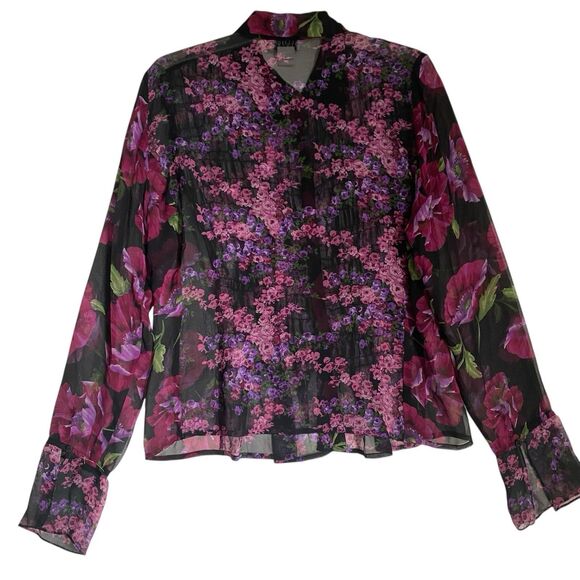 Vintage Allyson Taylor Silk Shirt Top L Floral Purple Button Up Business Casual - Picture 3 of 8